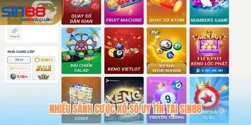 Nhiều sảnh cược xổ số uy tín tại Sin88